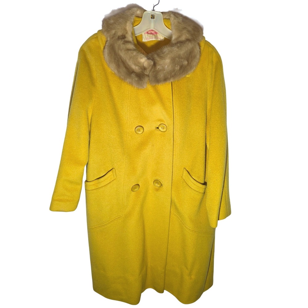 Vintage‎ Kerrybrooke Sears Mustard Yellow Fur Collar Dble Breasted Coat 44 Chest